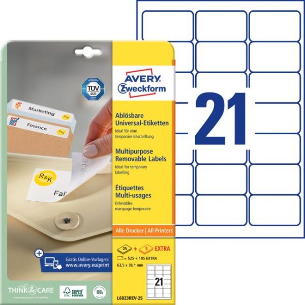Etikety univerzálne odnímateľné 63,5x38,1mm Avery A4 25+5 hárkov 