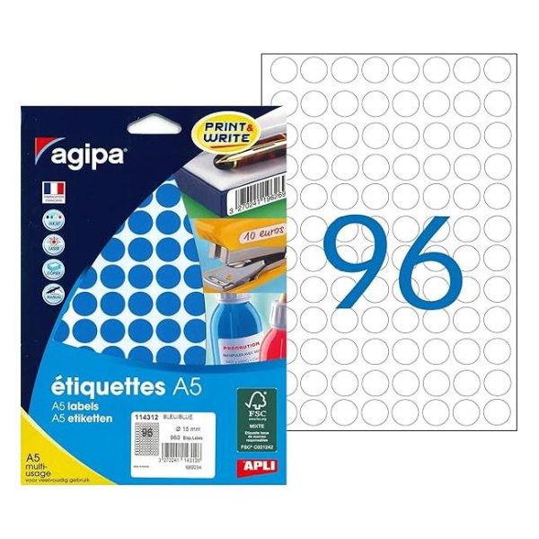 Etikety kruhové 15mm Agipa A5 modré 