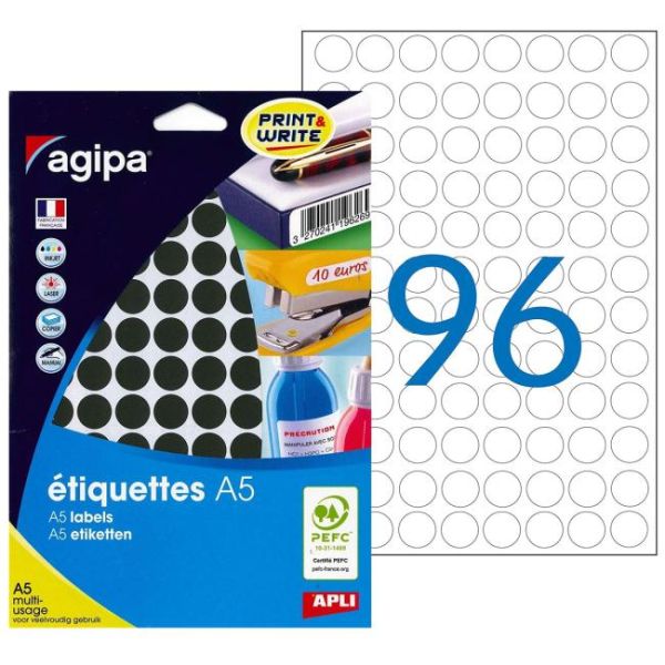 Etikety kruhové 15mm Agipa A5 čierne 