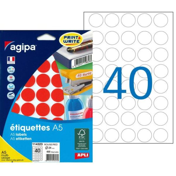 Etikety kruhové 24mm Agipa A5 červené 