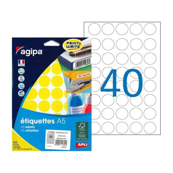 Etikety kruhové 24mm Agipa A5 žlté 
