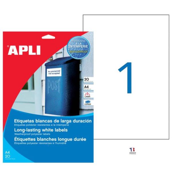 Etikety, 210x297 mm, polyester, odolné voči poveternostným podmienkam, matné biele, APLI, 20 etikiet/bal, 20list