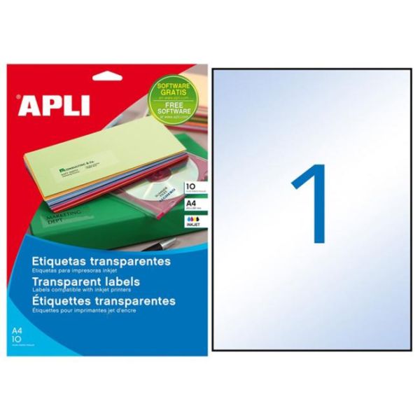Etikety polyesterové priehľadné 210x297mm APLI A4 inkjet 10 hárkov 