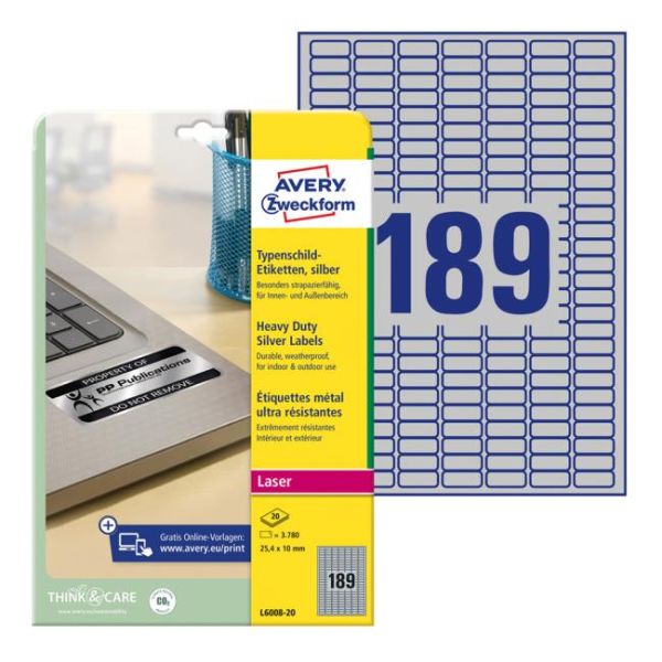 Etikety polyesterové veľmi odolné 25,4x10mm Avery A4 strieborné 20 hárkov 