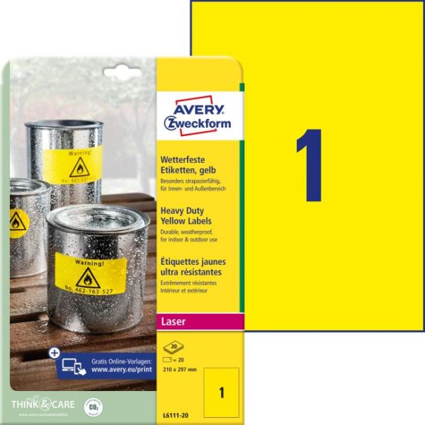 Etikety polyesterové veľmi odolné 210x297mm Avery A4 žlté 20 hárkov 
