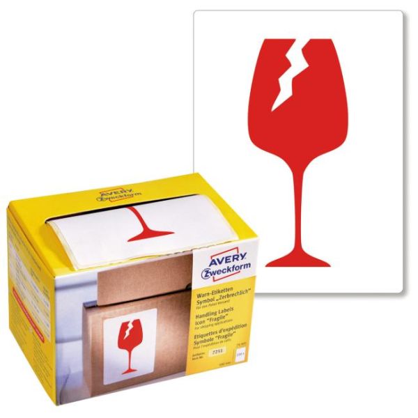 Etikety Avery s varovným symbolom ’ Krehké’ 74x100mm na kotúči 