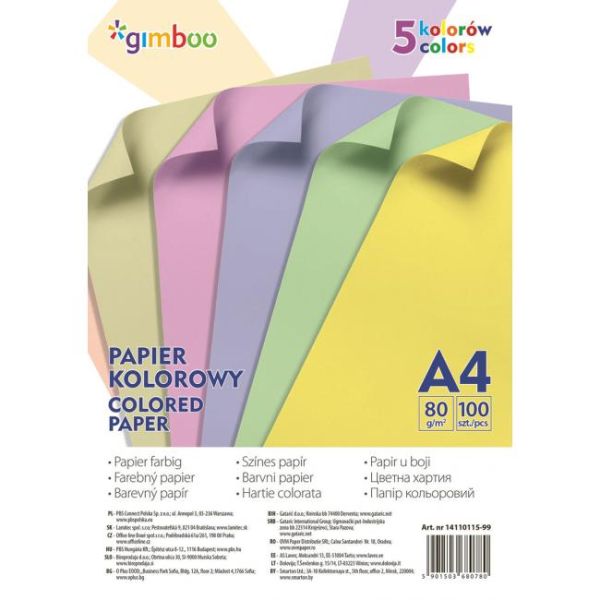 Farebný papier GIMBOO A4, 100 listov, 80 g, 5 pastelových farieb 