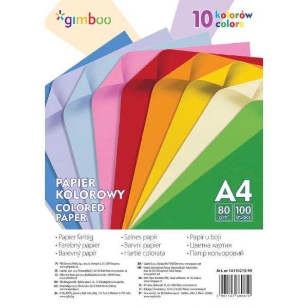 Farebný papier GIMBOO A4, 100 listov, 80 g, 10 neónových farieb 