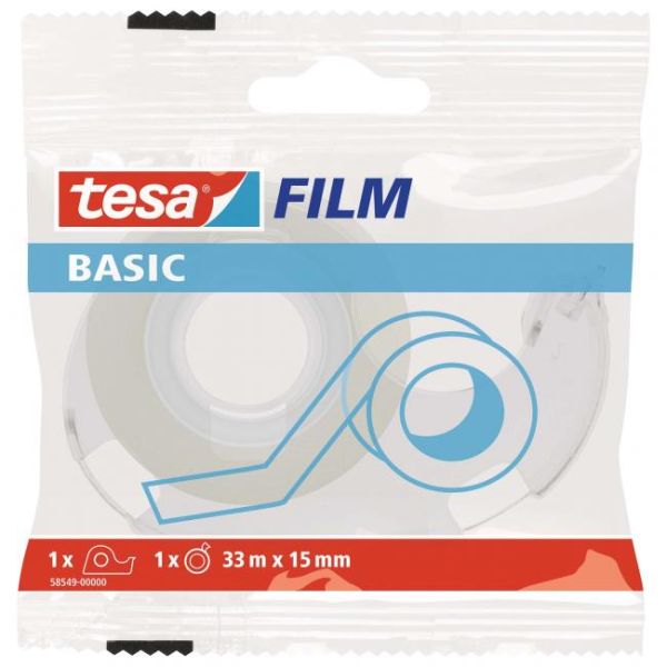 Lepiaca páska s dispenzorom, 15 mm x 33 m, TESA "Basic", priehľadná, 33m