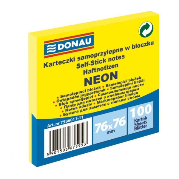 Bloček Donau neónový, 76 x 76 mm, žltý, 100 lístkov 