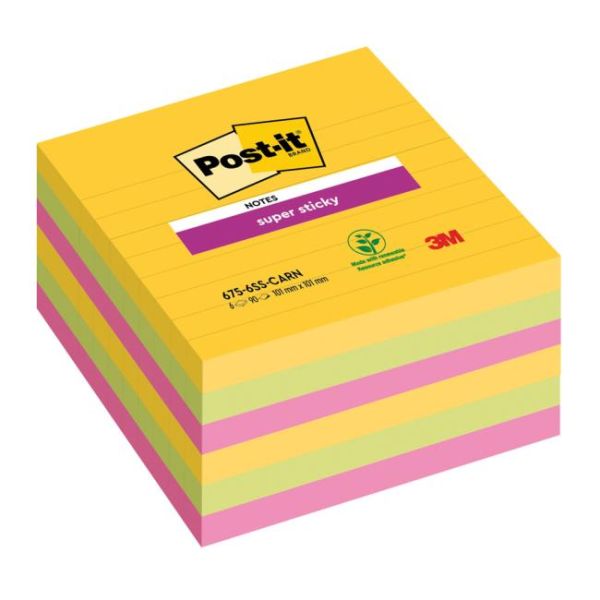 Samolepiaci bloček Post-it Super Sticky CARNIVAL, veľkosť 101x 101 mm, 6 bločkov po 90 lístkov 