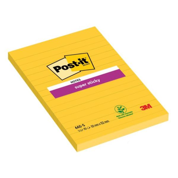 Samolepiaci bloček, 102x152 mm, 75 listov, linajkový, 3M POSTIT "Super Sticky", žltý, 90list