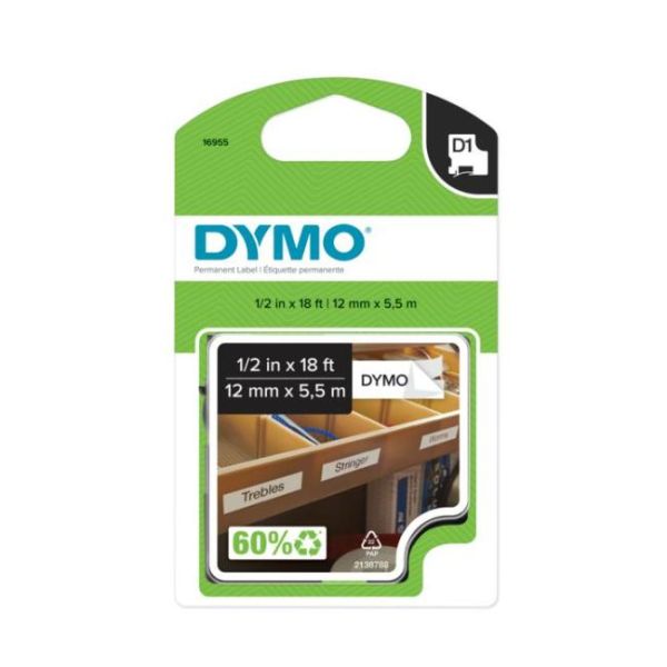 Kazeta k štítkovačom, 12 mm x 5,5 m, odolná, DYMO "D1", bielo-čierna
