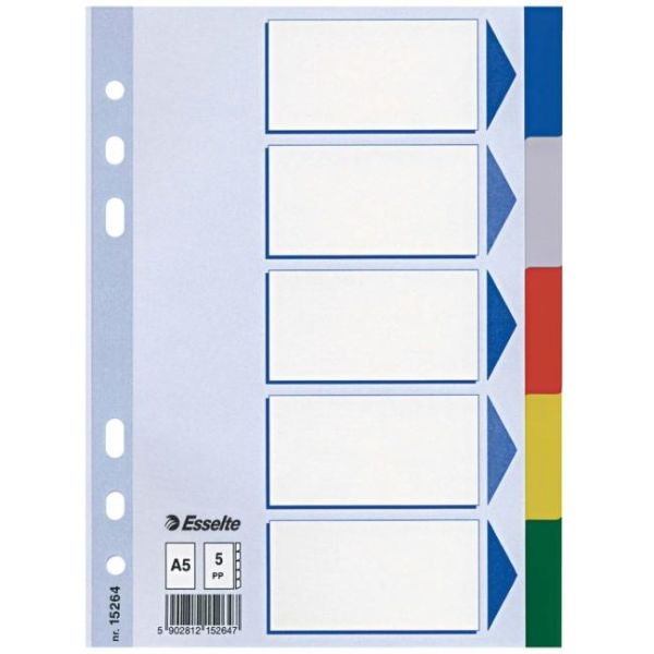 Register, plastový, A5, 5 oddielov, ESSELTE, farebný