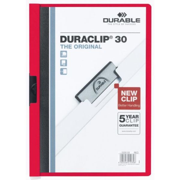 Rýchloviazač, s klipom, A4, DURABLE "DURACLIP® 30", červený