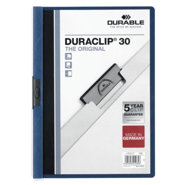 Rýchloviazač, s klipom, A4, DURABLE "DURACLIP® 30", tmavomodrý