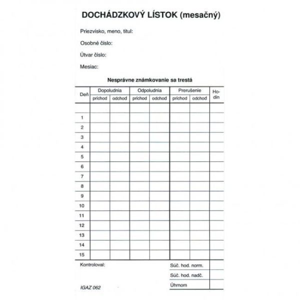 Dochádzkový lístok mesačný (kartón) 