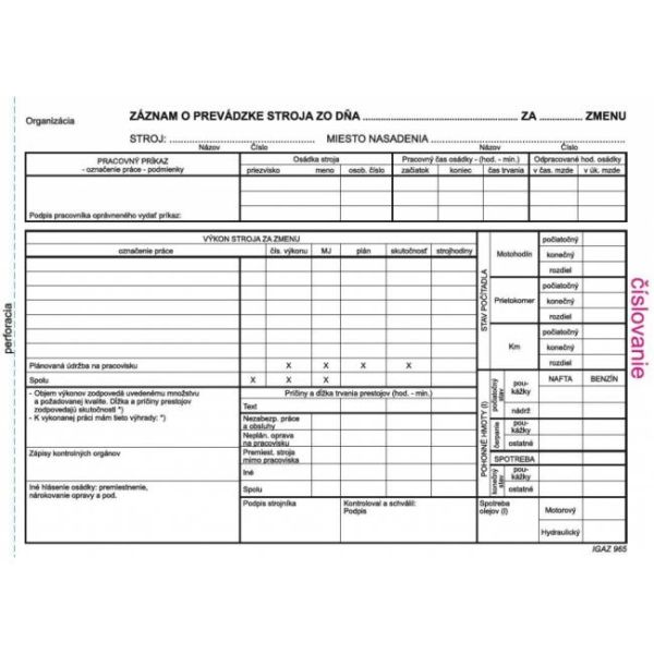 Záznam o prevádzke stroja A5, 100 listov, samoprepis, číslovaný 