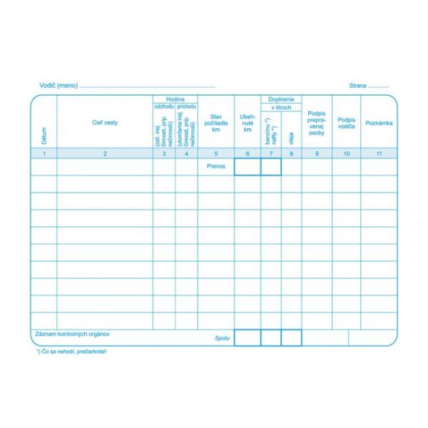 Záznam o prevádzke vozidla osobnej dopravy, A5, blok, 100 listov 