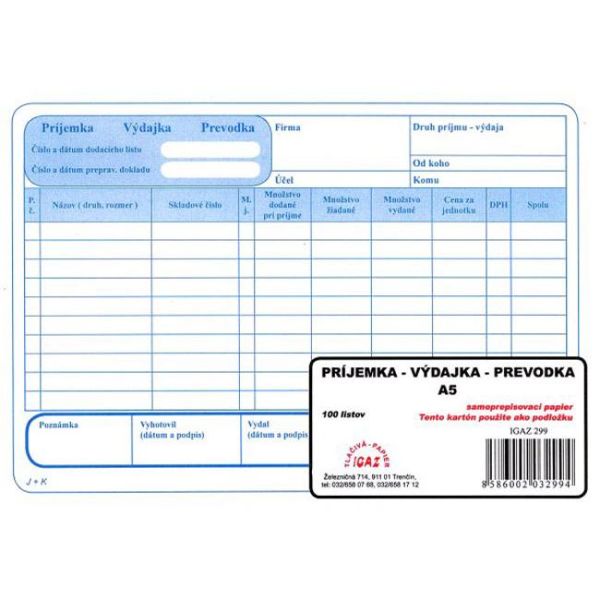 Príjemka - výdajka - prevodka s DPH, samoprepis, A5 