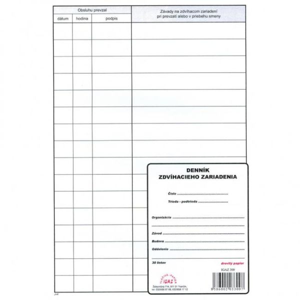 Denník zdvíhacieho zariadenia A4, 30 listov 