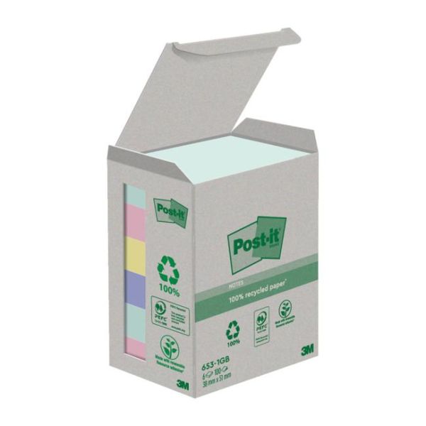Samolepiaci bloček Post-it recyklované NATURE, pastelové farby, veľkosť 38x51 mm, 6 bločkov po 100 lístkov 