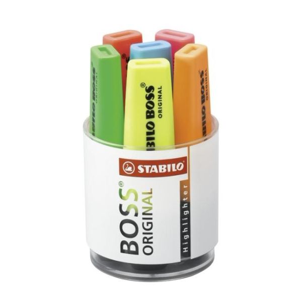 Sada zvýrazňovačov STABILO BOSS ORIGINAL 6 ks sklenná dóza žltá, zelená, oranžová, červená, ružová, modrá 