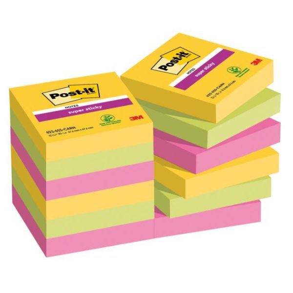 Samolepiaci bloček Post-it Super Sticky CARNIVAL, veľkosť 47,6 x 47,6 mm, 12 bločkov po 90 lístkov 