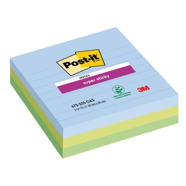 Samolepiaci bloček Post-it Super Sticky OASIS, veľkosť 101x101 mm XL, linajkové, 3 bločky po 70 lístkov 