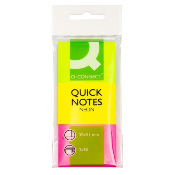 Samolepiaci bloček Q-CONNECT 51x38 mm, zelená, ružová, žltá, 3 bločky po 50 lístkov 
