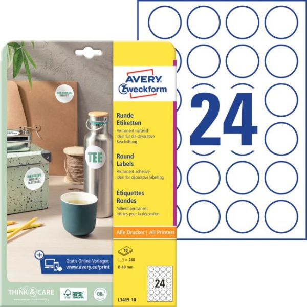 Etikety univerzálne kruhové 40mm Avery A4 10 hárkov 