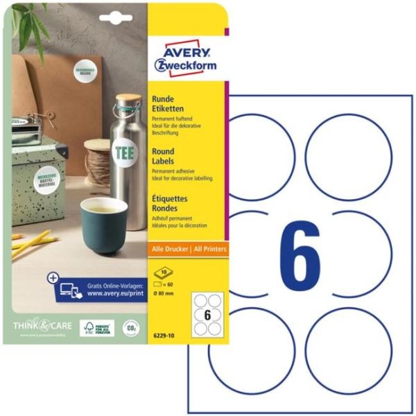 Etikety univerzálne kruhové 80mm Avery A4 10 hárkov 