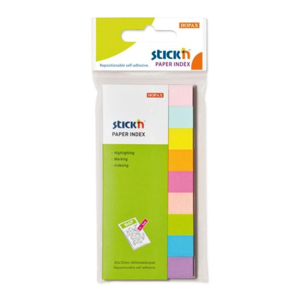Záložky, papierové, 9x50 listov, 50x12 mm, STICK N, mix neónových a pastelových farieb, 450list