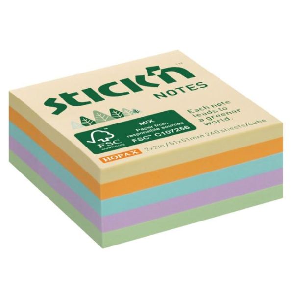 Samolepiaci bloček Stick’n Hopax mini, 51x51 mm, lúčny mix pastelových farieb, 240 lístkov 