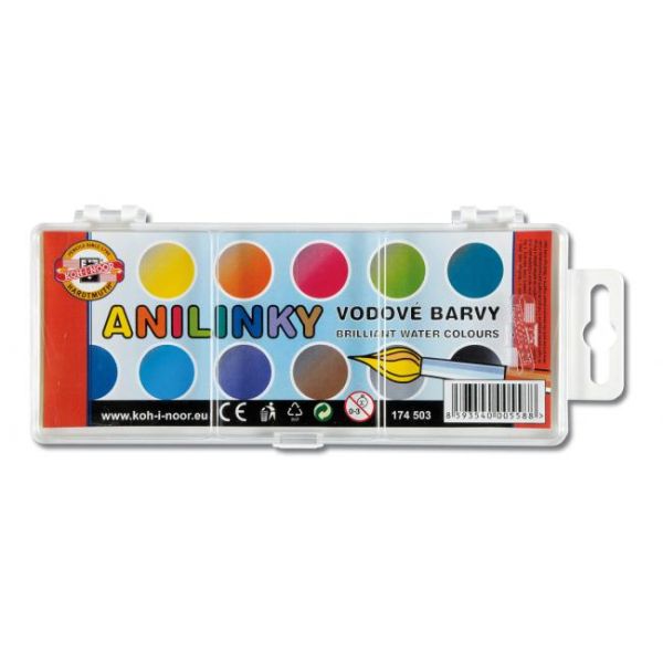 Farby vodové brilliant KOH-I-NOOR Anilinky 22 mm - sada 12 ks