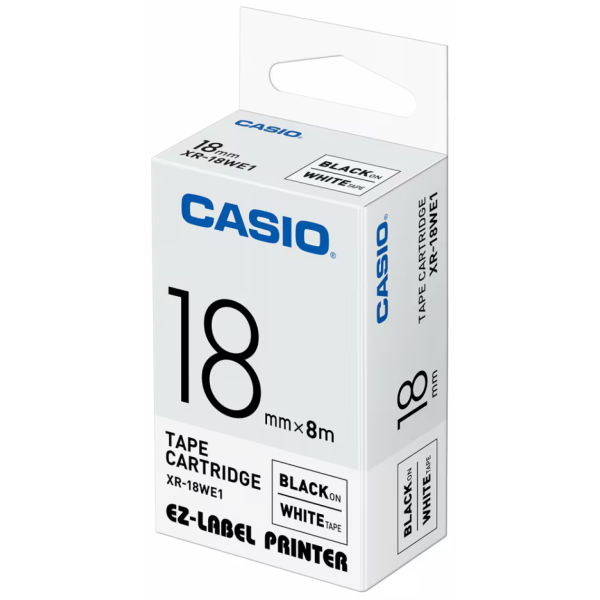 Páska do štítkovača Casio XR-18WE1, 8m, 18mm, čierna tlač / biely podklad, originál