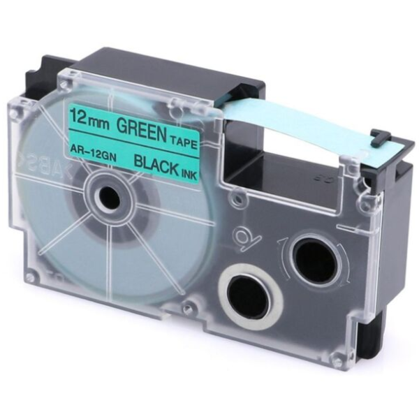 Páska do štítkovača Casio XR-12GN1, 8m, 12mm, čierna tlač / zelený podklad, alternatívna