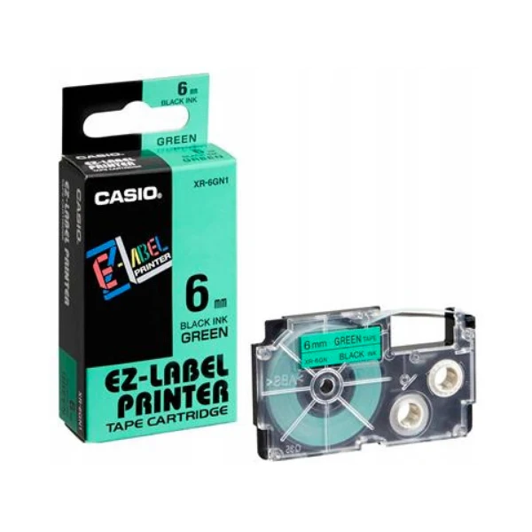 Páska do štítkovača Casio XR-6GN1, 8m, 6mm, čierna tlač / zelený podklad, originál