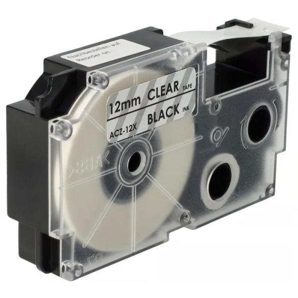 Páska do štítkovača Casio XR-12X1, 8m, 12mm, čierna tlač / priehľadný podklad, alternatívna