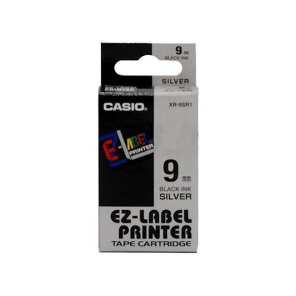 Páska do štítkovača Casio XR-9SR1, 8m, 9mm, čierna tlač / strieborný podklad, originál