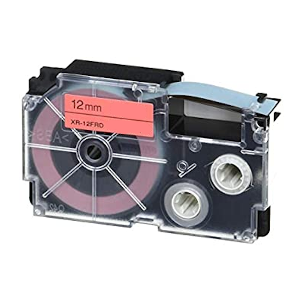 Páska do štítkovača Casio XR-12FRD, 8m, 12mm, fluorescent, čierna tlač / červený podklad, alternatívna