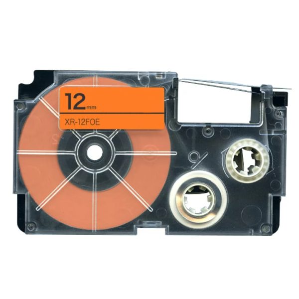 Páska do štítkovača Casio XR-12FOE, 8m, 12mm, fluorescent, čierna tlač / oranžový podklad, alternatívna