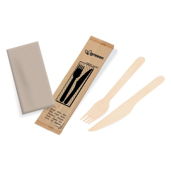 Príborová sada (drevo FSC 100%) nôž-vidlička+obrúsok [60 sád]