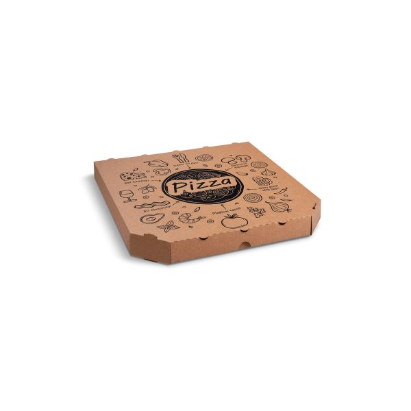 Krabica na pizzu (mikrovlnitá lepenka) E6 kraft s potlačou 32 x 32 x 3 cm [100 ks]