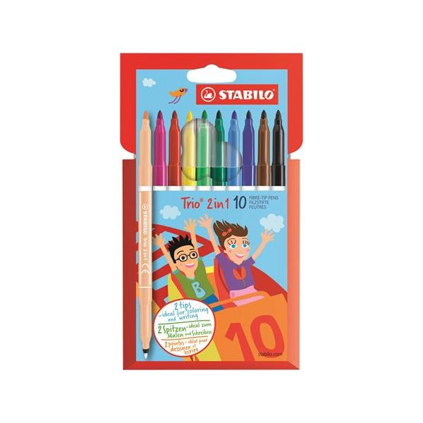 Fixy vláknové a jemný liner v jednom STABILO Trio 2in1, 10 ks balenie s 10 rôznymi farbami
