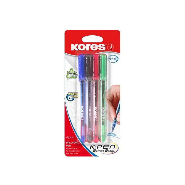 Guľôčkové pero, 1,0 mm, s vrchnákom, trojhranný tvar, KORES "K1-M", mix farieb