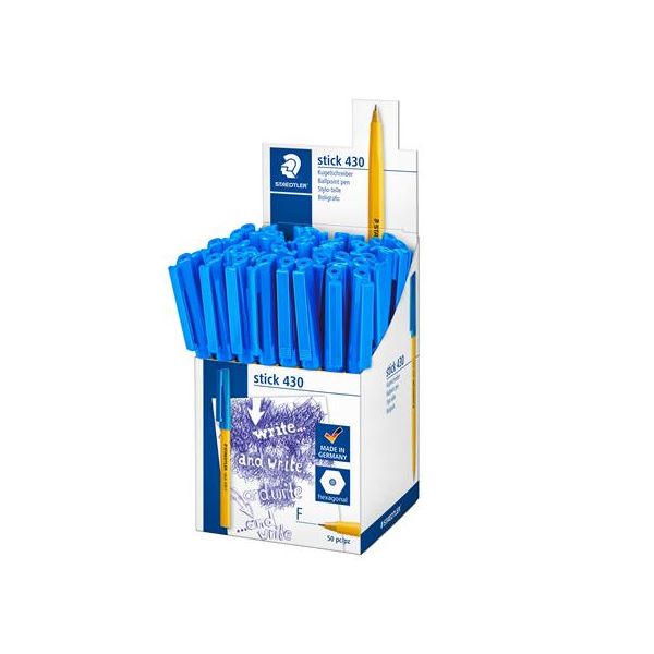 Guľôčkové pero, 0,3 mm, s vrchnákom, STAEDTLER "Stick 430 F", modré, 50ks