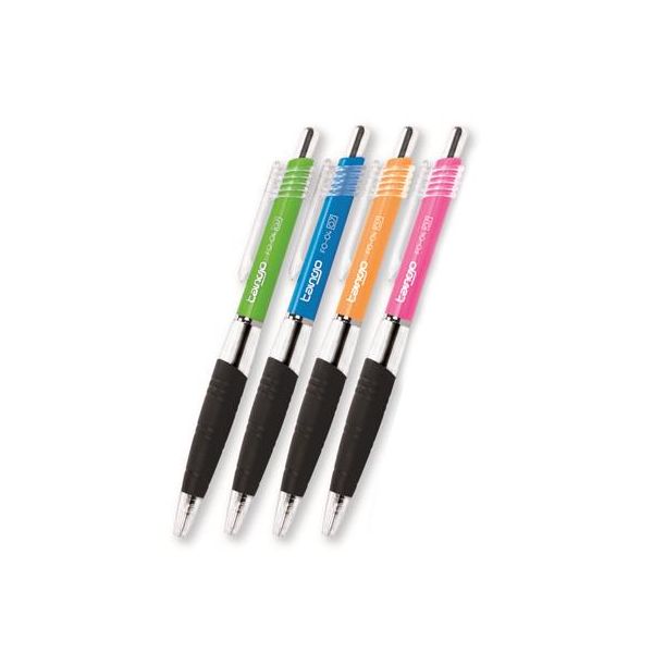 Guľôčkové pero, 0,35 mm, stláčací mechanizmus, priehľadné telo rôznych farieb,  FLEXOFFICE "Tango", modrá