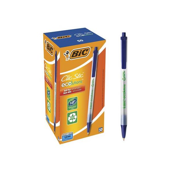 Guľôčkové pero, 0,32 mm, stláčací mechanizmus, BIC "Clic Stic ecolutions", modré
