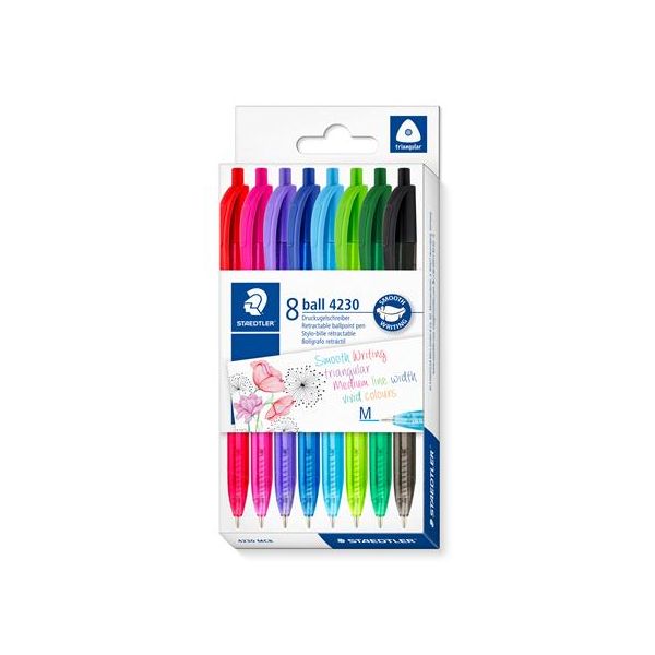 Guľôčkové pero, 1 mm, stláčací mechanizmus, STAEDTLER® "4230 M", 8 rôznych farieb